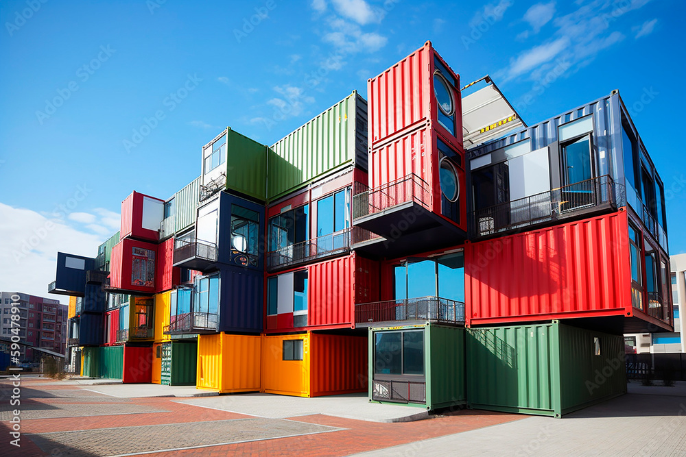 generative ai illustration of colorful Shipping container city block ...