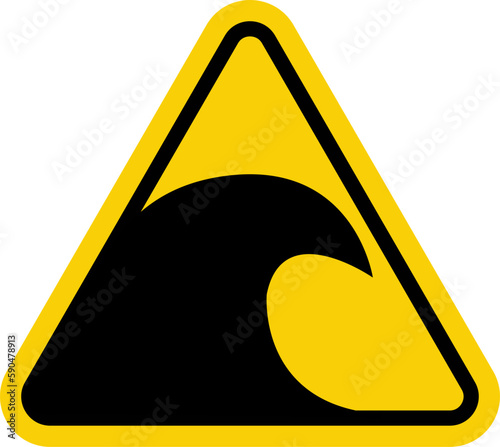 Tsunami sign. Tsunami warning sign. Yellow triangle sign with tsunami wave icon inside. Beware of big waves. Risk of drowning.