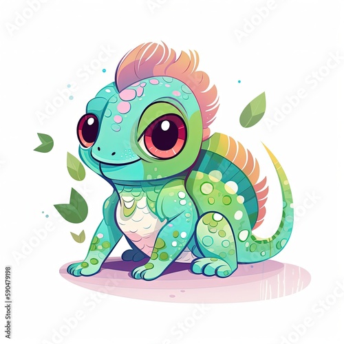 kawaii cartoon animal character design, cute fairy baby chameleon lizard in colorful tone color , Generative Ai