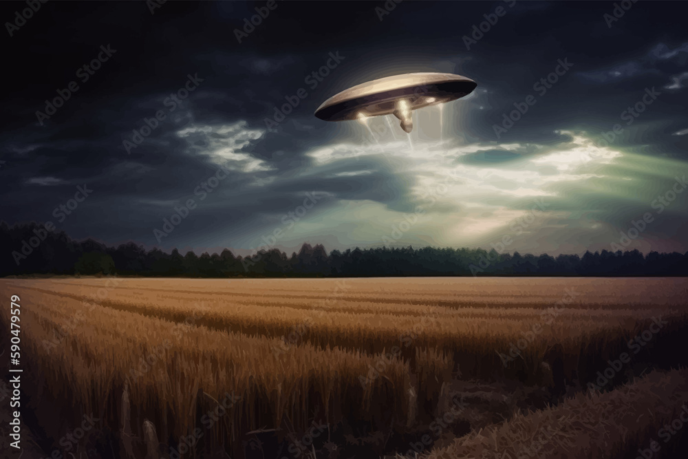 Alien flying saucer over a wheatfield at night. UFO Sighting Over the Field. night sky. Fantasy landscape. 3D vector illustration. Image. Digital painting. Alien flying saucer over a wheatfield at night. UFO Sighting Over the Field. night sky. Fantasy landscape. 3D vector illustration. Image. Digital painting.