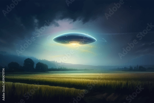 Alien flying saucer over a wheatfield at night. UFO Sighting Over the Field. Fantasy landscape. 3D vector illustration. Image. Digital painting.