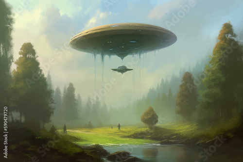 Alien flying saucerf in the sky. UFO flying over beautiful landscape. Fantasy scene with green field and people. 3D vector illustration.