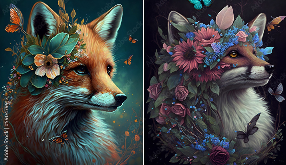 a painting of a fox with orange flowers on its head and a white ...