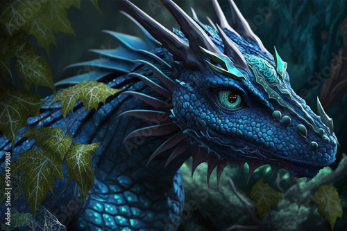 Head of blue fantasy dragon. Mythological creatures. Fantastic monster. Ancient reptile. 3D vector illustration. Image. Digital painting.