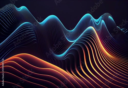Abstract line wave. Futuristic background in light neon tone. Modern surface design style. Texture for Wall decoration, Banner, card, Poster, Cover, wall decoration. Minimal Concept. Generative AI