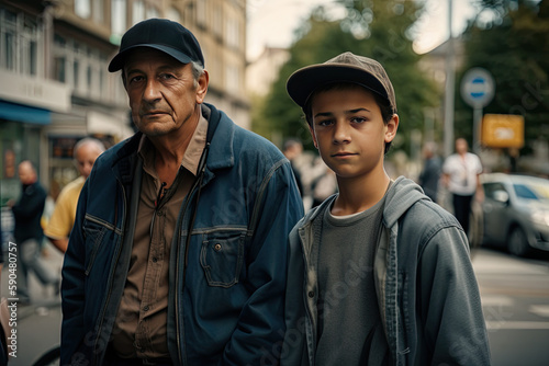 Portrait of Father and Son walk in the town street between houses. Daylight. Father's day concept. Family time. Generated Ai