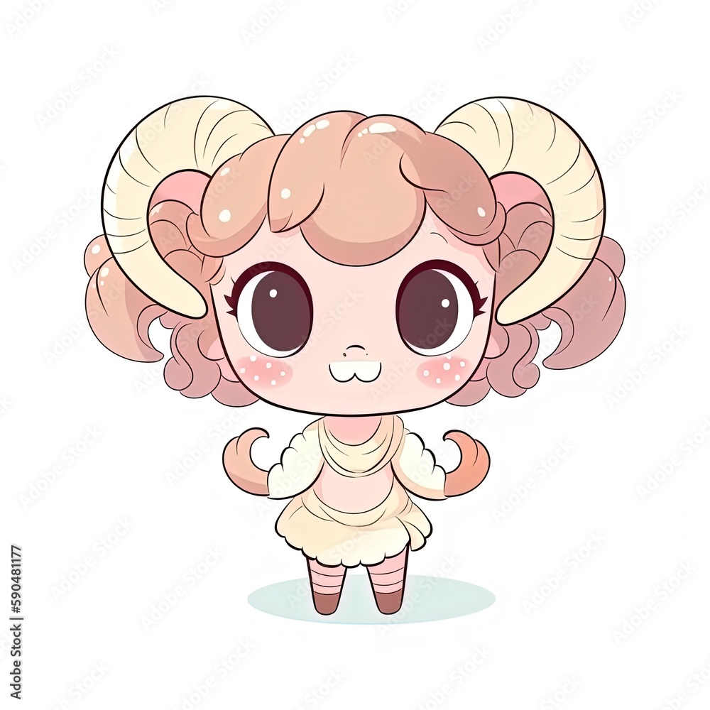 Naklejka premium kawaii cartoon animal character design, cute baby mouflon girl in colorful tone color , Generative Ai