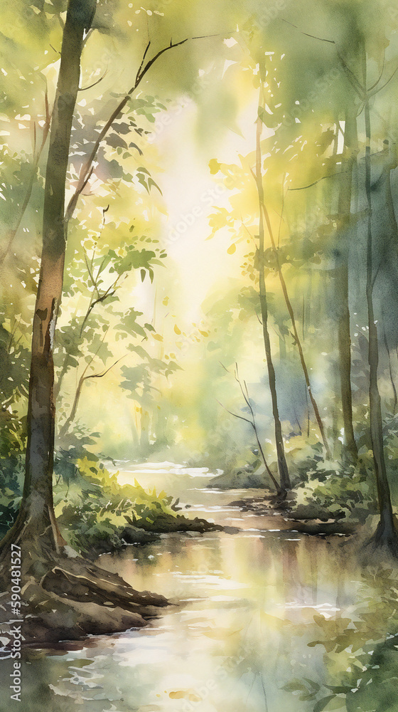 Serene Forest Watercolor, Tranquil Atmosphere, Flowing Stream, generative AI
