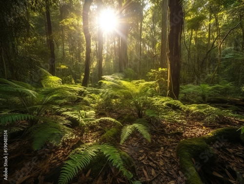Sunlit Forest Scene, Warm and Inviting Atmosphere, generative AI