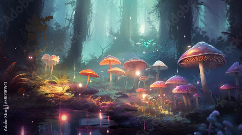 Mystical Sunlit Forest, Enchanting Atmosphere, Digital Illustration, generative AI