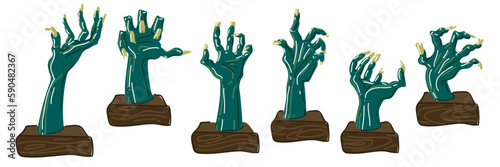 A set of zombie hands in retro style with highlights and wooden stands on a white background. An isolated collection of dead dried blue hands with injuries. Printing postcards for Halloween parties