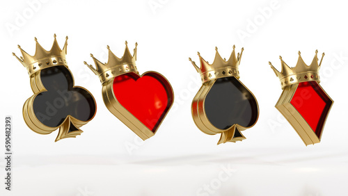 Modern, Luxury Black And Red Glass Playing Card, Ace Symbols: Clubs, Hearts, Spades And Diamonds With Golden Frame And Crown On White Background - 3D Illustration photo