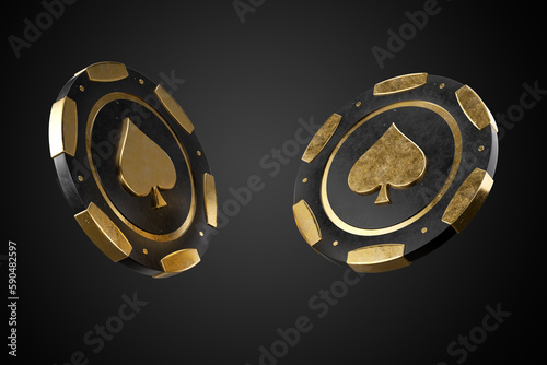 Luxury Poker Concept. Black And Golden Modern Casino Chips With Spades - Playing Card, Ace Symbol Inside On Dark Background - 3D Illustration