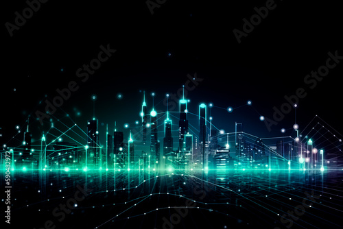 Smart city concept. Telecomunication, internet, mobile, cloud computing background. Digital city background. Online city concept. Cyber town on black background. Generative AI cyber city illustration.