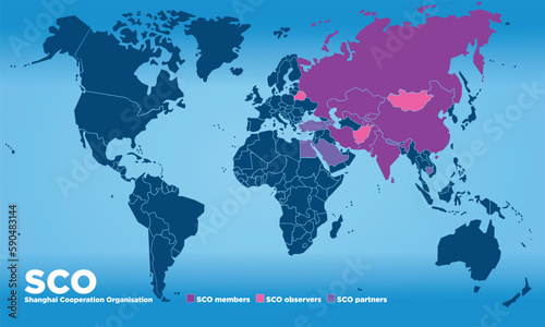 SCO Shanghai Cooperation Organisation map, international organisation, vector illustration