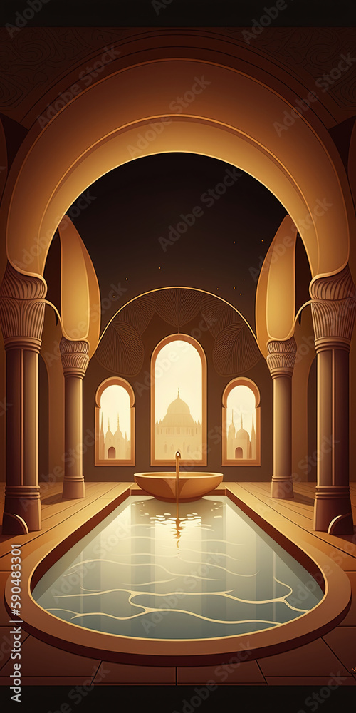Elegant luxury royal wellness bathtub spa interior, poster for spa center or roman bath in cartoon style. Generation Ai