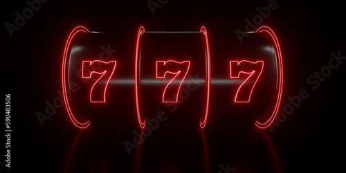Modern, Futuristic Black 777 Slot Machine With Glowing Red Neon Lights On Black Background - 3D Illustration	
