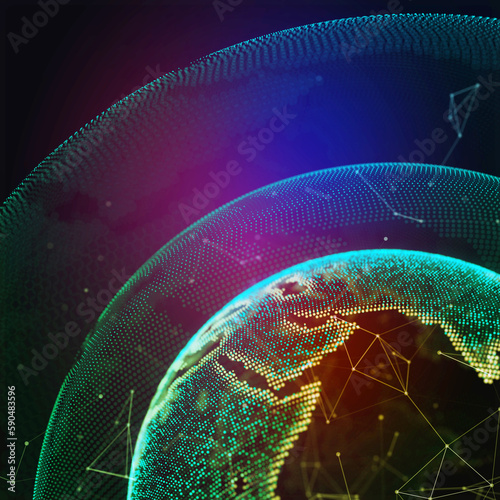 Colorfull earth planet. Planet map. Global social network. Future. Internet and technology. Geometric floating plexus