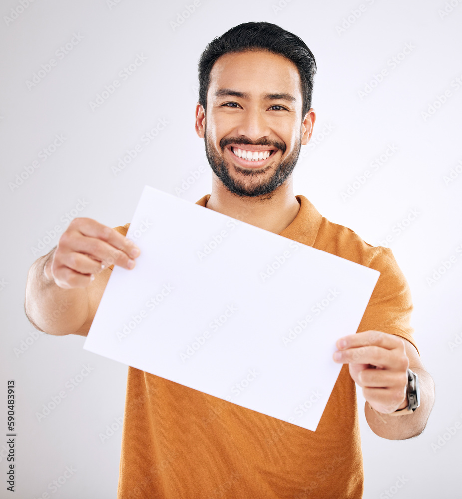 Studio billboard, portrait mockup and happy man with marketing placard, advertising banner or product placement paper. Logo mock up, poster promotion sign or brand person isolated on white background Studio billboard, portrait mockup and happy man with marketing placard, advertising banner or product placement paper. Logo mock up, poster promotion sign or brand person isolated on white background