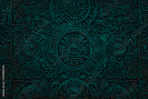 Stone maya texture. Ancien mayan background with face in the middle. Ceramic tiles in the form of traditional Maya design. Generative AI maya ancient background. photo