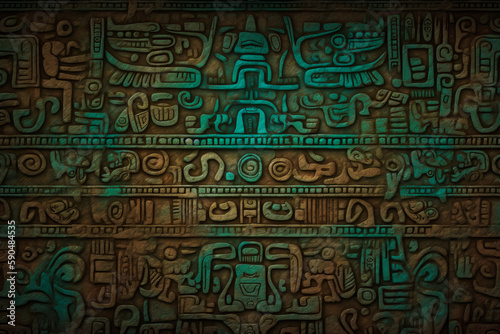 Stone maya texture. Ancien mayan background with face in the middle. Ceramic tiles in the form of traditional Maya design. Generative AI maya ancient background.