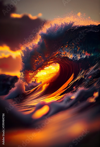Epic wave in Hawaii, Sunset, Generative AI © AIExplosion