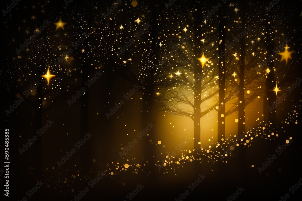 Naklejka premium Glitter Christmas forest with pine and fir trees background. Christmas banner or postcard background. Gold and black Christmas forest with glitter snowflakes. Generative AI.