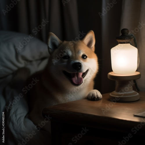 Shiba inu dog in the shadows illuminated be lamp, Generative AI