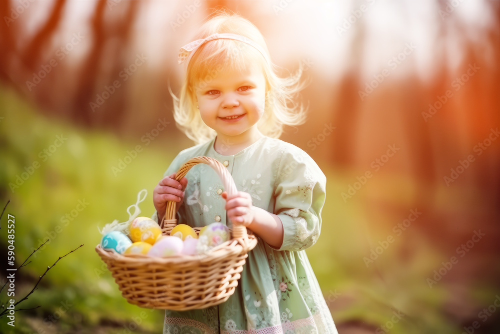 Easter egg hunt. Little girl on an Easter Egg hunt on a meadow in spring. Small girl on a meadow at spring sunny day. Easter celebration. Generative AI.