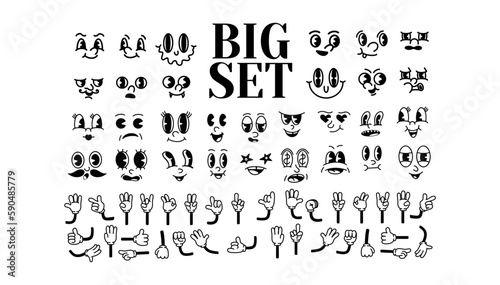 Vintage cartoon hands in gloves and feet in shoes. Cute animation character body parts. Comics arm gestures and walking leg poses vector set. Different foot movements and positions © Bbl_gun
