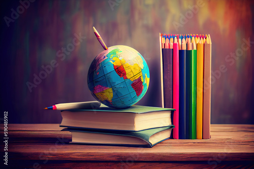 Textbooks, globe and pencils on a wooden background. Generative Ai