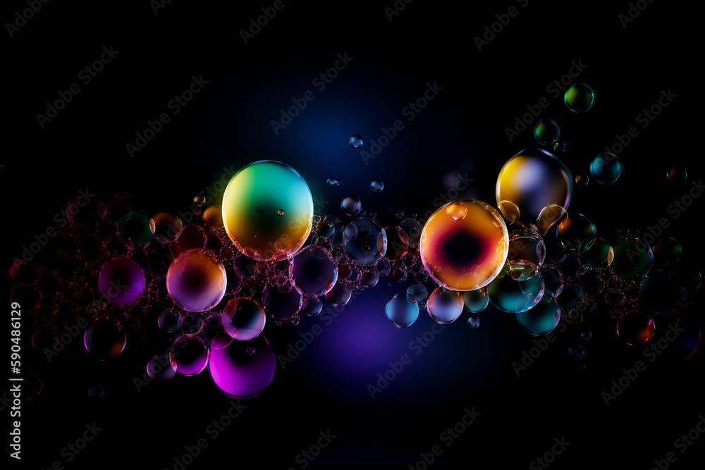 Colorful soap bubbles background. Rainbow soap bubbles on a dark background. Bright foam bubbles fly on black background. Generative AI.
