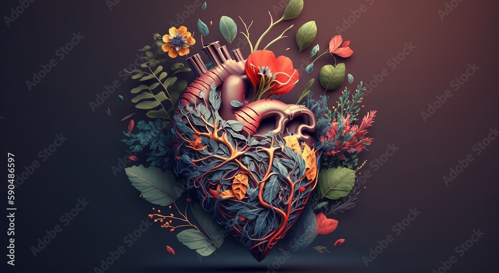 The concept of love and emotion is conveyed through a heart adorned with flowers. AI