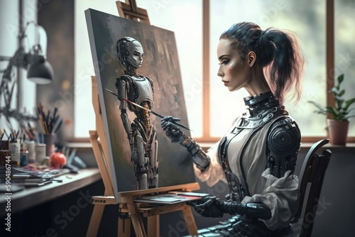 A robot artist painting in a studio setting, creating art with AI technology. AI