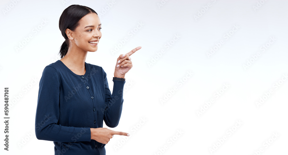 Happy studio woman, mockup and pointing at sales promotion, advertising copy space or discount deal mock up. Commercial brand offer, presentation or female marketing gesture on white background Happy studio woman, mockup and pointing at sales promotion, advertising copy space or discount deal mock up. Commercial brand offer, presentation or female marketing gesture on white background