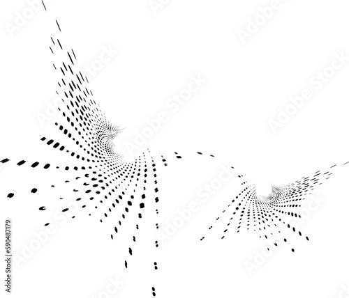Paired flight of fluttering, vibrating krakozyabr. Halftone shaded iridescent wing surface. For frames, borders, highlights. Volumetric dots and spots. Vector.