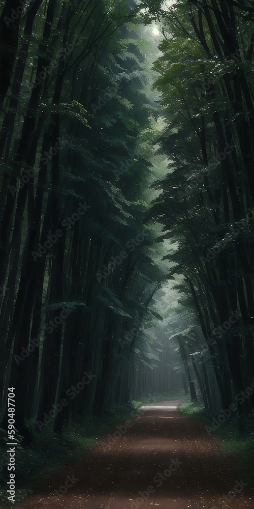 Fototapeta premium Mysterious dark forest with a road. Generative AI.