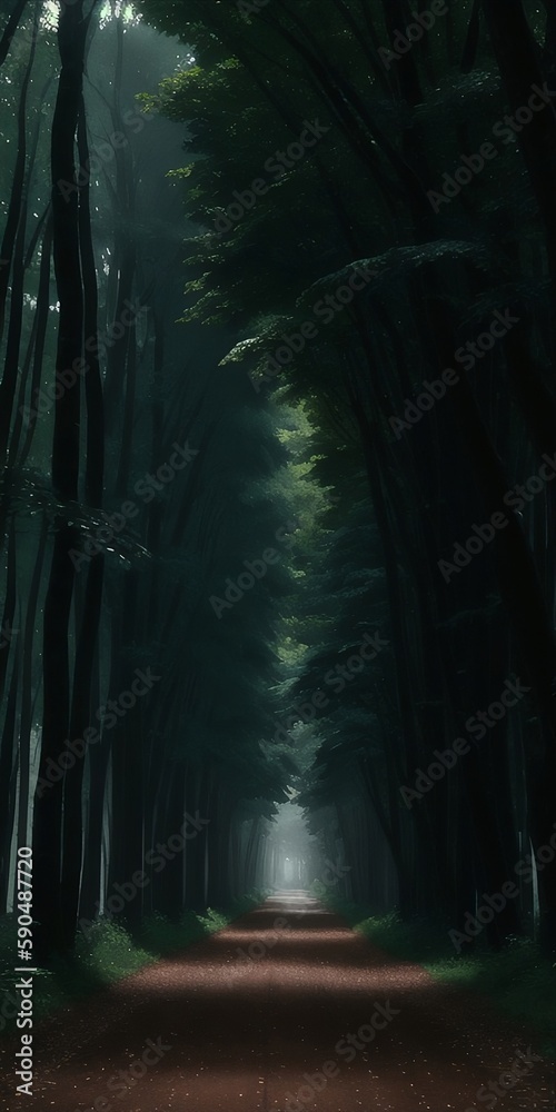 Fototapeta premium Mysterious dark forest with a road. Generative AI.