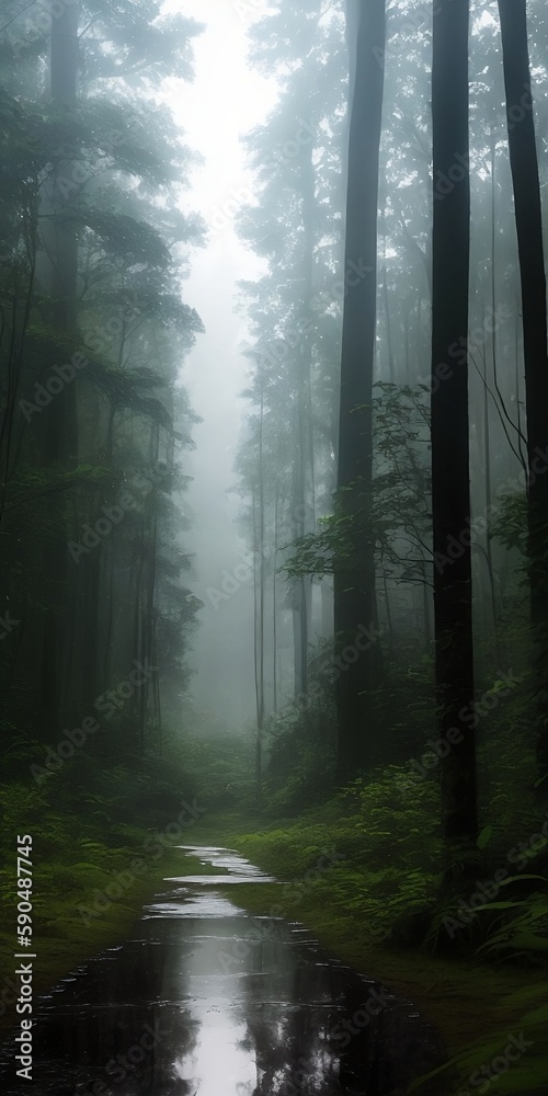 Obraz premium Mysterious dark forest with a road. Generative AI.