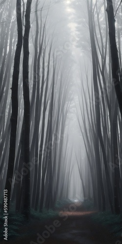Mysterious dark forest with a road. Generative AI.