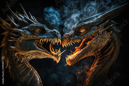 A macro shot depicts two fire-breathing dragons engaged in a fierce battle. AI © Usmanify