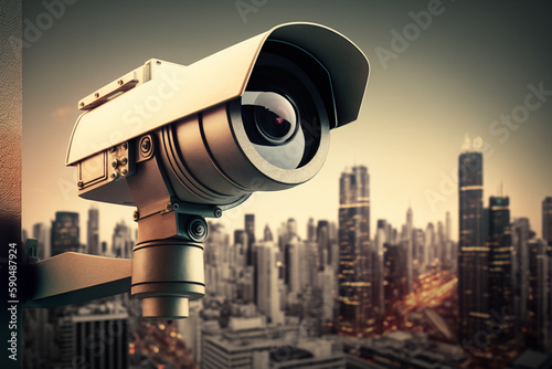 CCTV camera over cityscape background. AI