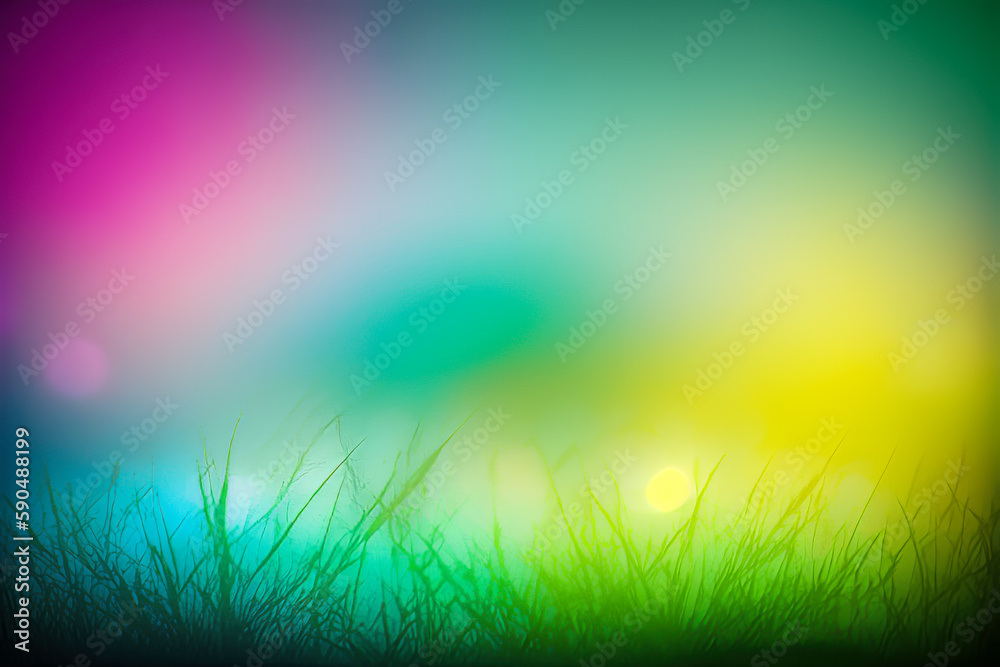 Green grass multi color background. Colorful blurred background with green grass silhouette. Generative AI. Tranquility multi color background.