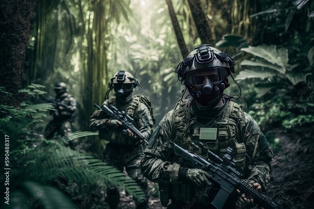 A team of Special Forces soldiers in full tactical gear navigating through a dense jungle. AI