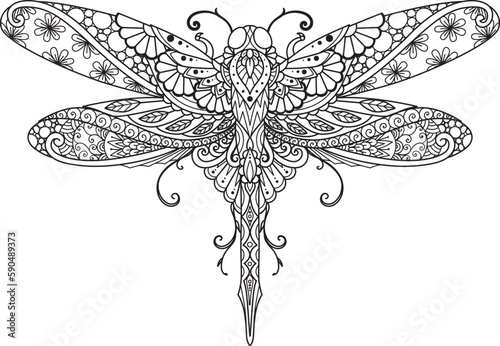 Mandala dragonfly for coloring, engraving, printing and so on. Vector illustration.