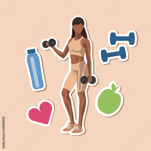 Stickers of faceless fitness African American woman in sportswear standing and doing a workout with dumbbells and fitness elements. Vector illustration