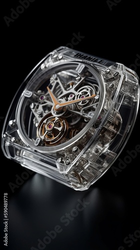 Photorealistic luxury crystal tourbillon watch, meticulously captured in a high-resolution image, showcasing its intricate mechanical workings through the transparent case.