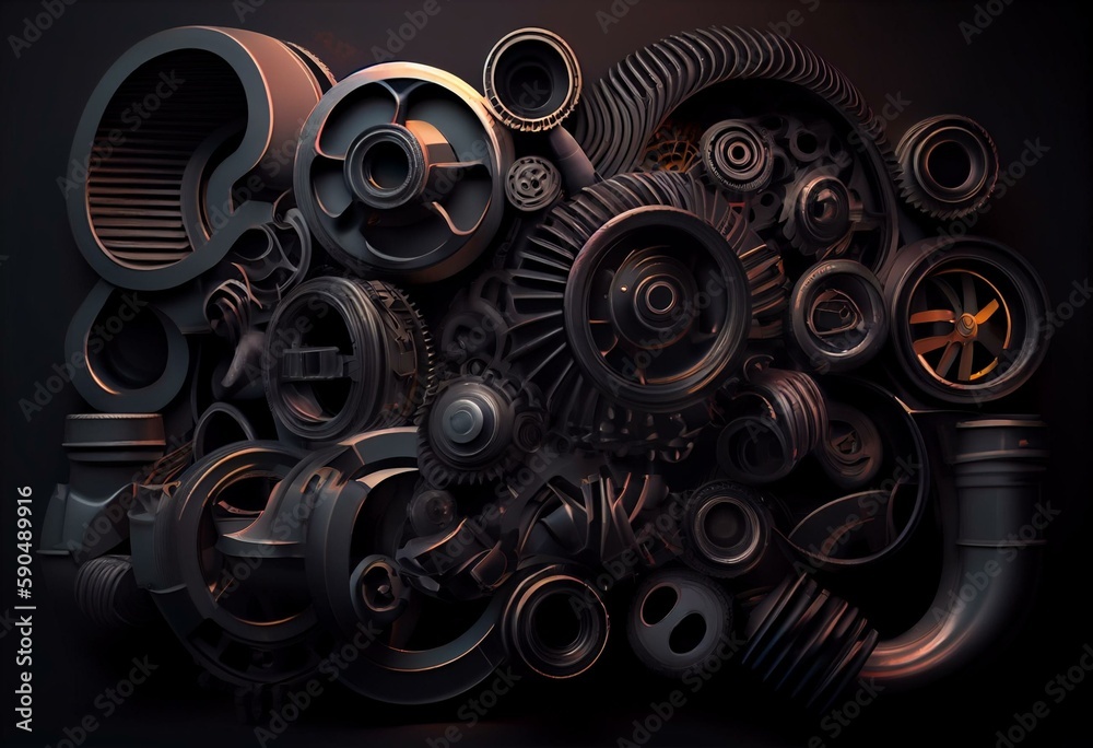 Dark industrial wallpaper. 3d render vehicle parts pattern. Black transport background with car parts, gear wheels, pipes, heap of auto parts, wheels. 3d illustration. Generative AI