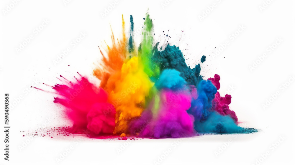 Colorful rainbow abstract holi paint, an explosive eruption of vibrant colors, white background