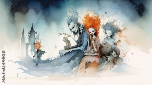 Surreal watercolor style illustration of a trio of witches. halloween background, Generative AI